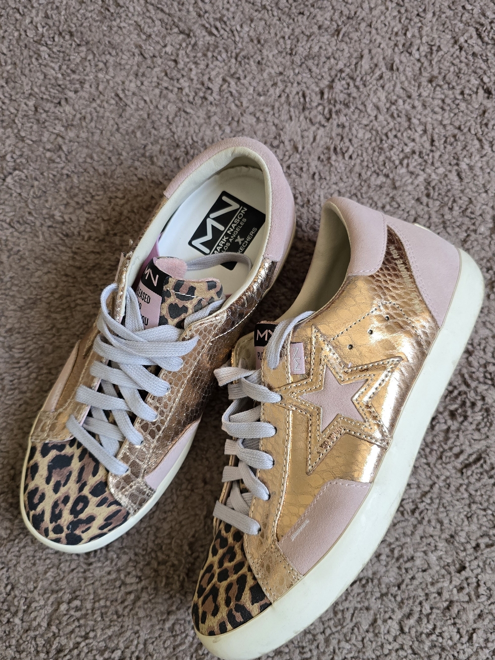 Skechers Pink and Rose Gold Leopard Accent Women's Sneakers - Picture 2 of 6